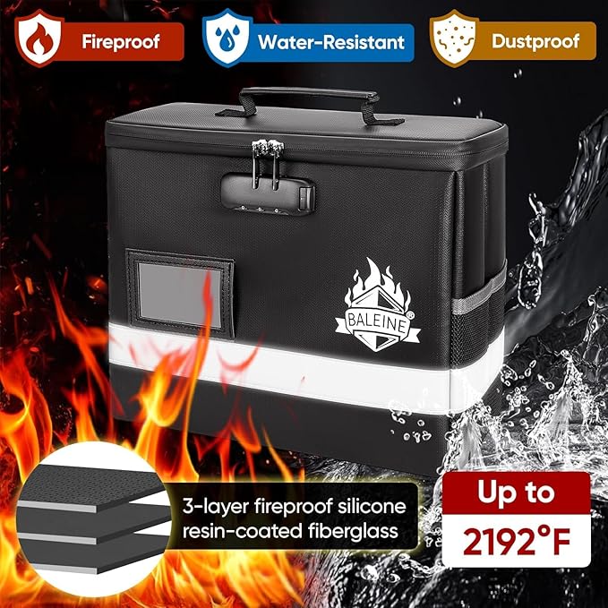 BALEINE Fireproof Document Box with Lock, Portable Fireproof Document Bag Waterproof Fire Proof File Boxes for Documents, File Organizer Box for Important Paperwork (Black, 12.5''x10.5''x6'')