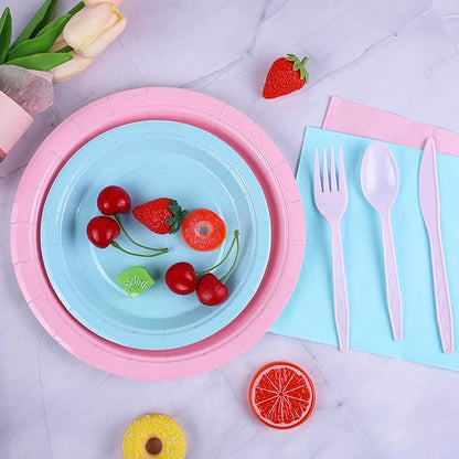 durony 350 Pieces Baby Gender Reveal Party Supplies Light Pink Light Blue Paper Plates Serve 50 Guests Boy or Girl Gender Reveal Plates Napkins Paper Cup Cutlery for 1st Birthday and Baby Shower Decor