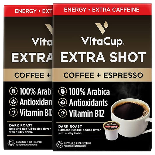 VitaCup Extra Shot Strong Coffee Pods, Bold & Intense Dark Roast w/Espresso Shot, High Caffeine, Vitamin B12, Antioxidants, Recyclable Single Serve Pod Compatible with Keurig K-Cup Brewers, 32ct