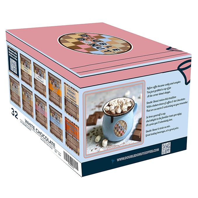Double Donut White Hot Chocolate Mix Packets, Flavored White Hot Cocoa Mix Packets, 32 Count