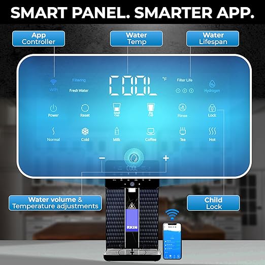 RKIN U1 Hot & Cold Alkaline Countertop Reverse Osmosis Water Filter System - 4-in-1 Pre-Assembled Space Saving Hydrogen Enriched Water Dispenser with TDS & Filter Lifespan Monitor