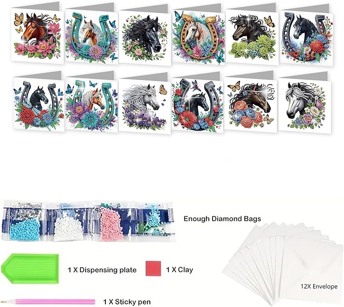 jinglinhh 12pcs Diamond Art Painting Flowers Horse Greeting Cards with Envelopes, DIY Card Making Kits for Adults, Diamond Art Christmas Cards for Birthday Holiday Postcards Craft Gifts