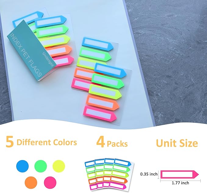 Sticky Tabs, 500 Pcs, Use as Annotation Tabs, Book Tabs, Notebook Tabs, Page Markers, Page Tabs and Page Flags with Carry-On Clip and Anti Fall-Off Design, 5 Colors 4 Sets
