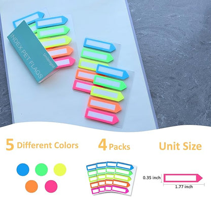 Sticky Tabs, 500 Pcs, Use as Annotation Tabs, Book Tabs, Notebook Tabs, Page Markers, Page Tabs and Page Flags with Carry-On Clip and Anti Fall-Off Design, 5 Colors 4 Sets