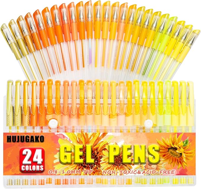 48 Pack Yellow Orange Gel Pens, 24 Colored Gel Pen with 24 Refills,40% More Ink Write Smooth for Adults Coloring Books Drawing Doodling Scrapbooks Bullet Journaling