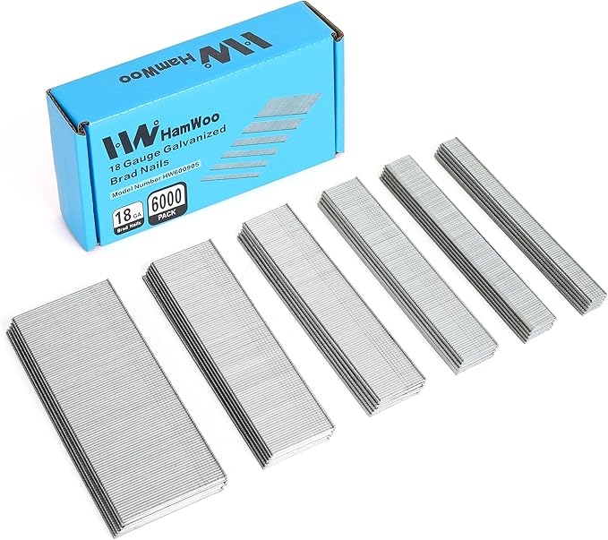 HW HAMWOO 18 Gauge Brad Nails,Galvanized 18GA Nail Gun Nails Assorted,Suitable for Most Brand of 18 GA Pneumatic and Electric Brad Nailer(2",1-1/4",1",3/4",5/8",2/5",6000Pcs)