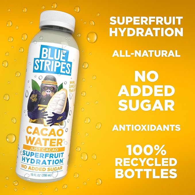 Blue Stripes Cacao Water - Cold Pressed Superfruit Hydration with Electrolytes & Antioxidants, No Sugar Added, All Natural, Great for Protein Shakes & Smoothies - Just Cacao, 12 Pack