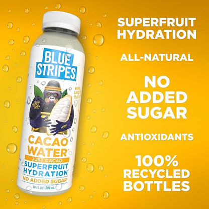 Blue Stripes Cacao Water - Cold Pressed Superfruit Hydration with Electrolytes & Antioxidants, No Sugar Added, All Natural, Great for Protein Shakes & Smoothies - Just Cacao, 12 Pack
