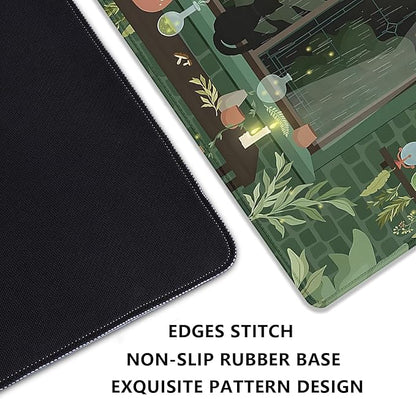Black Cat Mouse Pad Green Plants Desk Mat Pad Anime Large Gaming Cartoon Cute Mouse Pad,Stitched Edges Non-Slip Waterproof Rubber Base Mous Mat for Office Home Work Gaming(27.5X11.8 in)