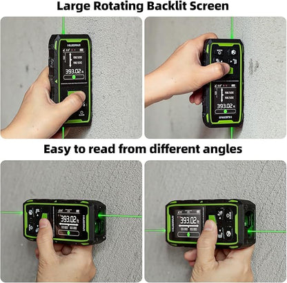 Huepar Dual Laser Measuring Tool, 656Ft Green-Beam Bilateral Digital Laser Distance Measure 6 Units Ft/in/M, Rechargeable Laser Measurement Tool -Backlit LCD Display, Length/Area/Volume/Angle Sensor