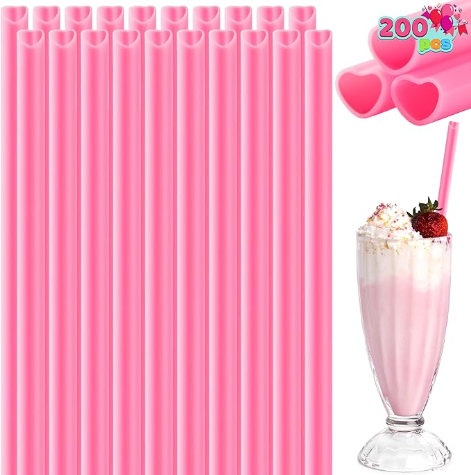 JOYIN 200 PCS Valentine Heart Shaped Pink Straws, Reusable Drinking Cute Straw for Valentine's day Cocktail, Birthday Party, Bridal Shower, Wedding Supplies, Valentine Party