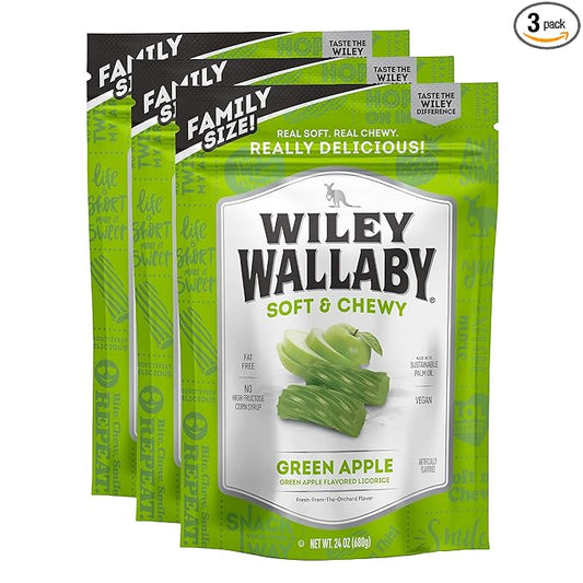Wiley Wallaby Licorice 24 Ounce Classic Gourmet Soft & Chewy Australian Green Apple Licorice Candy Twists, 3 Pack