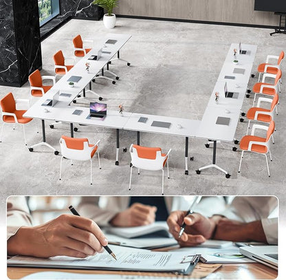 Folding Conference Table, Conference Room Tables Foldable Large Meeting Seminar Table on Wheels,Flip Top Boardroom Training Tables for Office, Classroom,Meeting (8, White2, 70.8)