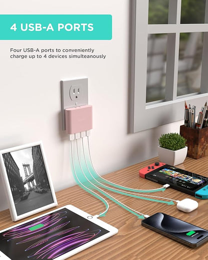 iHome Slim 4-Port USB Wall Charger, AC Pro Multiport Plug Adapter, Phone Charging Block with 4 Ports, Flat USB Wall Adapter for Home & Travel