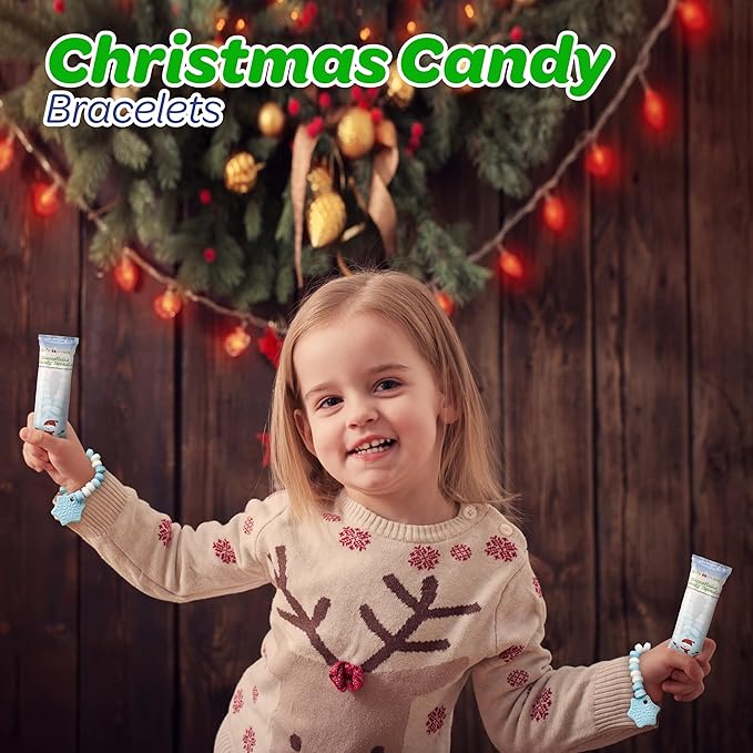 4E's Novelty Christmas Candy Bracelets - 30-Pack Snowflake Stretchable Bulk Candies Individually Wrapped, Fun Christmas Stocking Stuffers & Party Favor Candy for Kids, Blue & White Candies Bracelet