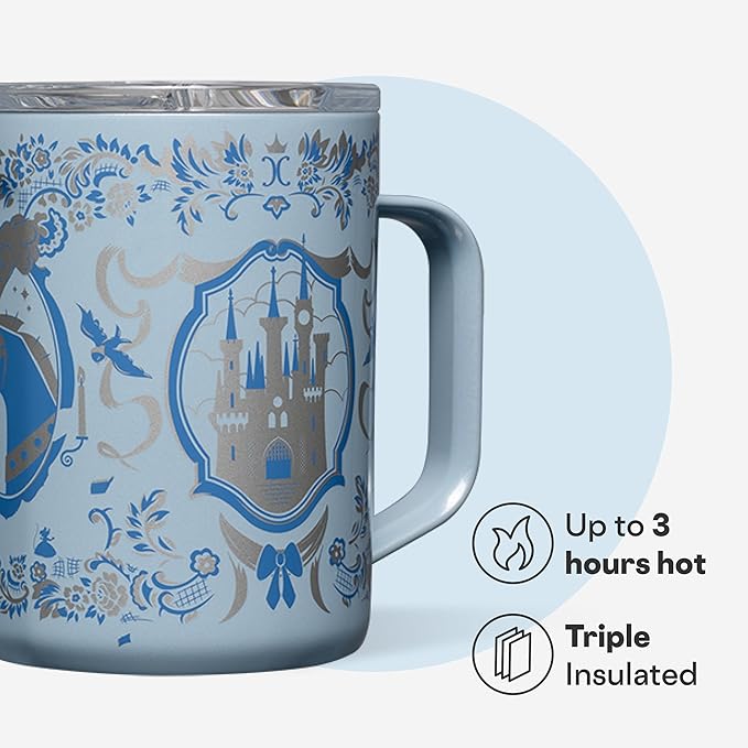 Corkcicle Classic Coffee Mug - Triple Insulated Stainless Steel for Travel - Shatter-Proof Lid - Keeps Drink Hot Over 3 Hours - Holiday Mug Gift - 16 oz - Princess Cinderella
