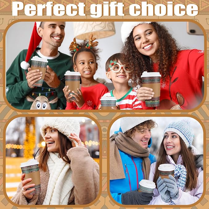 50 Set Vintage Christmas Disposable Coffee Cups with Lids and Sleeves Bulk 16 oz Paper Cups for Cold Drinks Hot Chocolate Tea Beverage Christmas Party Winter Supplies