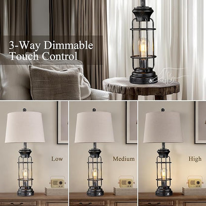 28" Table Lamp for Living Room with USB Charging Ports, Tall Table Lamp Set of 2,3-Way Dimmable Lamps for Bedroom, Bedside Lamp for End Tables, Industrial Nighstand Lamps,Bulbs Included