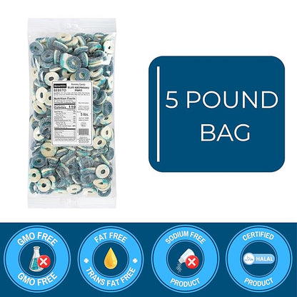 Kervan Candy Bebeto Blue Raspberry Rings - Fruity, Soft, Sweet & Sour Gummy Candy Bulk for Kids, Gift Snacks and Parties - Blue Raspberry Gummies Party Size Bag (5 lbs)
