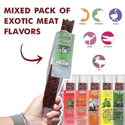 Buffalo Bob's Wild Game Meat Snacks (6 Pack) | Exotic Snack Sampler Box | Gift Baskets for Men | Beef Jerky Gifts | Dad Snack | Random Gifts for Men | Jerky Gift Set | Random Pack