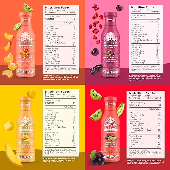 Karviva Organic Juice Cleanse & Skin Glowing Pack for Weight Control & Sugar Detox - Ancient Remedies for Gentle Detox & Collagen Boost, Low-Sugar, High Fiber, Prebiotic, Antioxidants & Vitamins, 6 BPA-Free Bottles, 12 oz Each