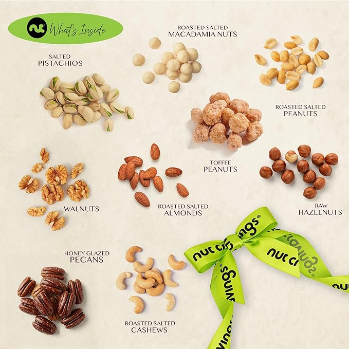 NUT CRAVINGS - Thanksgiving Mixed Nuts Gift Basket in White Gold Box (9 Assortments) Holiday Xmas Christmas Food Arrangement, Healthy Snack Care Package, Food Assortments