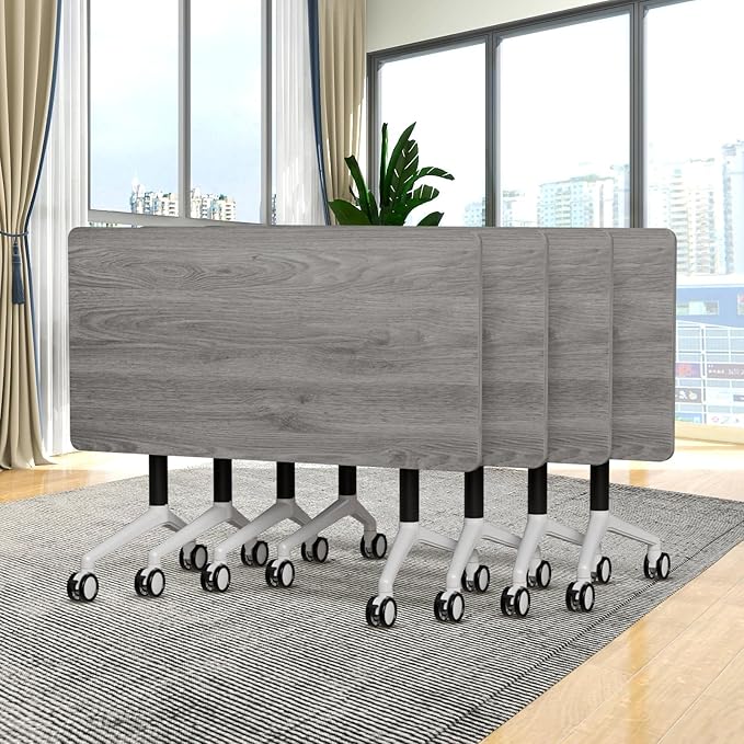 Conference Room Table, 55 Inch Folding Conference Tables with Wheels, Modern Office Meeting Table, Easy Flip & Nest Design, Rectangular Seminar Tables with Metal Frame for 2-24 People(C 4PCS)