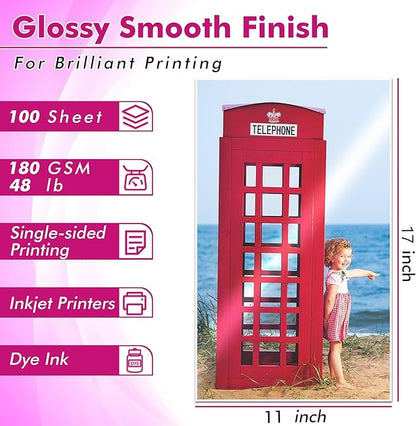 Koala Glossy Inkjet Photo Paper 11X17 Inches 48lb 100 Sheets Professional Glossy Photographic Paper Compatible with Inkjet Printer Use DYE INK 180GSM