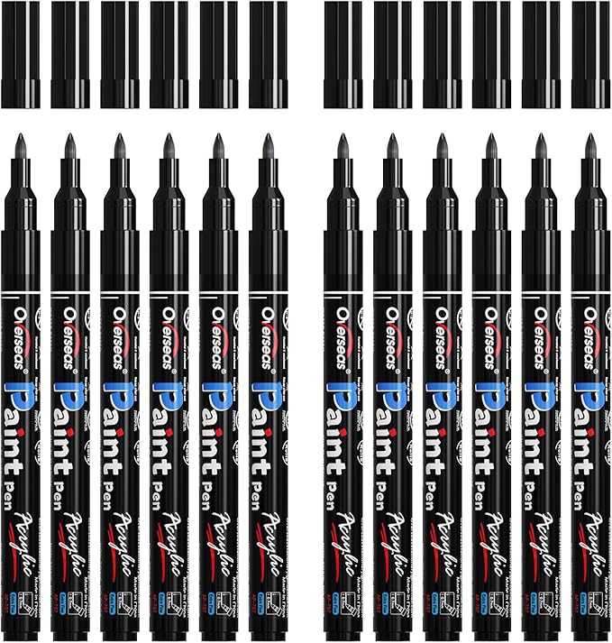 Overseas Paint Markers Pens - Black Permanent Markers Acrylic Paint Pens 12 Pack, Water Based, Waterproof, 0.7mm Extra Fine Tip Acrylic Marker for Wood, Metal, Rock, Plastic, Glass, Canvas, Fabric