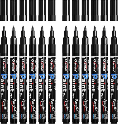 Overseas Paint Markers Pens - Black Permanent Markers Acrylic Paint Pens 12 Pack, Water Based, Waterproof, 0.7mm Extra Fine Tip Acrylic Marker for Wood, Metal, Rock, Plastic, Glass, Canvas, Fabric