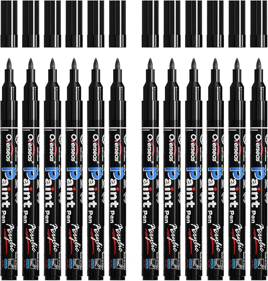 Overseas Paint Markers Pens - Black Permanent Markers Acrylic Paint Pens 12 Pack, Water Based, Waterproof, 0.7mm Extra Fine Tip Acrylic Marker for Wood, Metal, Rock, Plastic, Glass, Canvas, Fabric