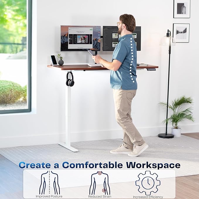 VIVO Electric 60 x 24 in Standing Desk, Memory Height Adjustment, 1B Series, One-Piece Dark Walnut Top, White Frame, DESK-KIT-1W6D