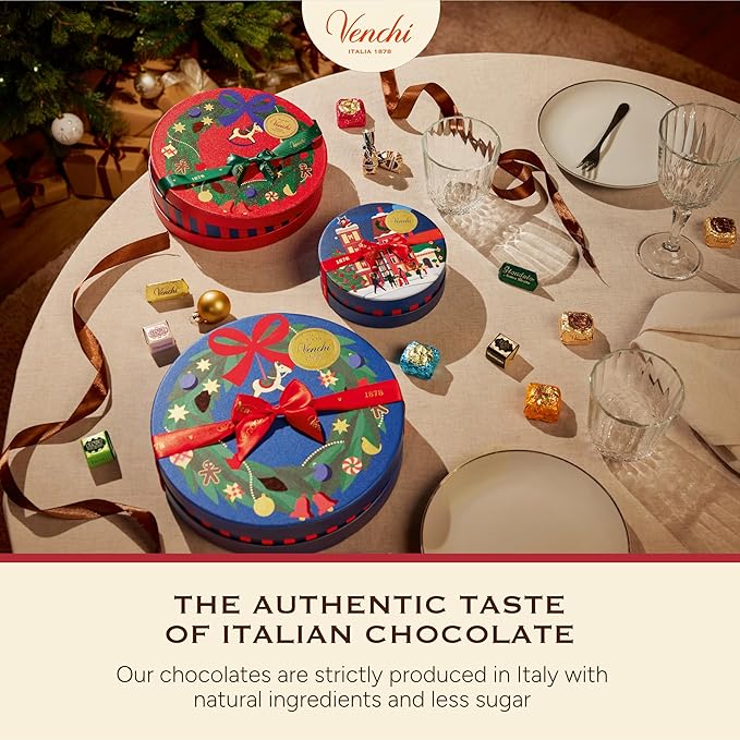 Venchi - Christmas Gift Box with Assorted Chocolates, Gianduiotto, Chocoviar 75% Extra Dark, Cremino, Limited Edition, Gluten-Free, No Colourings or Preservatives, Gift Idea