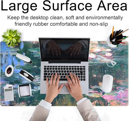 Abstract Oil Painting Mousepad Retro Water Lilies Desk Mat, XXL Large Extended Mouse Pad Gaming, Computer Laptop Keyboard and Mouse Mat, Floral Desk Pad with Stitched Edge, 31.5''x15.7''
