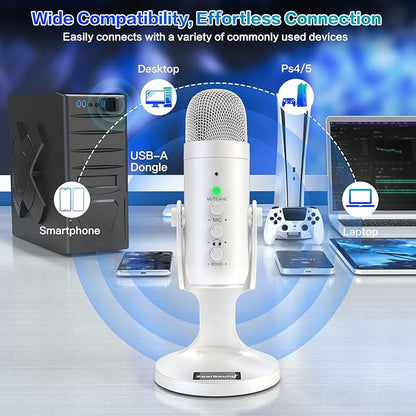 ZealSound Wireless Microphone,USB Mic for iPhone PC iPad Android Phone-Cordless Condenser Desktop Microphones with Mute Echo Monitor Volume Gain 2.4GHz for Podcast,ASMR,Gaming,YouTube Video/K66 White