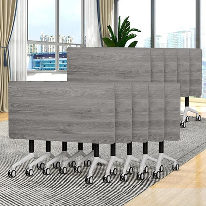 Conference Room Table, 55 Inch Folding Conference Tables with Wheels, Modern Office Meeting Table, Easy Flip & Nest Design, Rectangular Seminar Tables with Metal Frame for 2-24 People(C 10PCS)