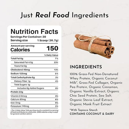 JUST INGREDIENTS Snickerdoodle Protein Powder - Grass-Fed Whey, Plant Proteins, Cinnamon Vanilla - 30 Servings