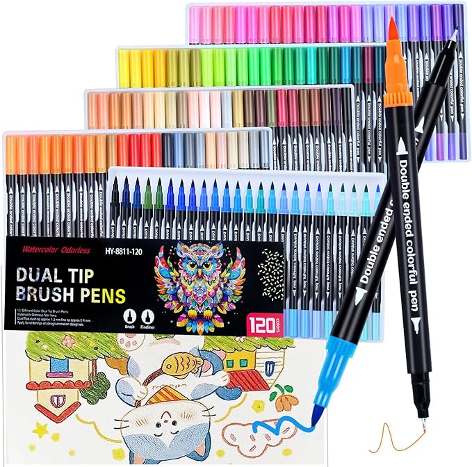 120 Colors Dual Markers Brush Pens ,Dual Tip Brush&Fine Tip Markers for Adult Kids Coloring,Water-based Ink Art Marker,Calligraphy Pens Fineliner and Brush Tips for Hand Lettering, Journal, Doodling