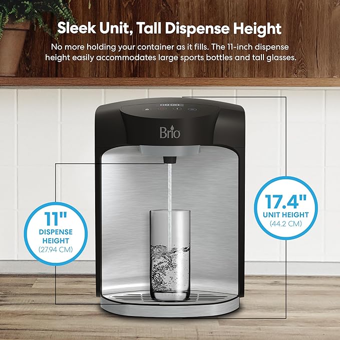 Brio 800 Bottleless Countertop Water Cooler w/ 2-Stage Filtration | Self Cleaning, Digital Display, 3-Temp (Hot Cold & Room Temperature) Filtered Drinking Water Dispenser for Bar Home Kitchen & Office