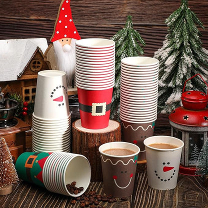 Funtery 100 Pieces Christmas Paper Cups Xmas Disposable Coffee Cups Snowflake Santa Snowman Elk Lights Christmas 9 Ounce Drinking Tea Paper for Daily Use Holiday (Bright Style)