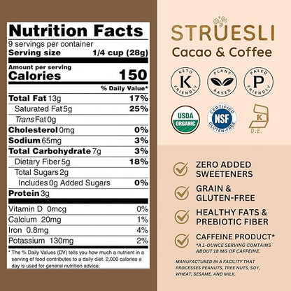 Struesli Cacao + Coffee Organic Granola, Grain & Gluten Free, Healthy Snacks with Cacao, Coffee, Tiger Nuts, Pecans, Walnuts, Hemp Hearts & Coconut Flakes, Plant Based, Keto & Paleo, 9 Oz, 2 Pack