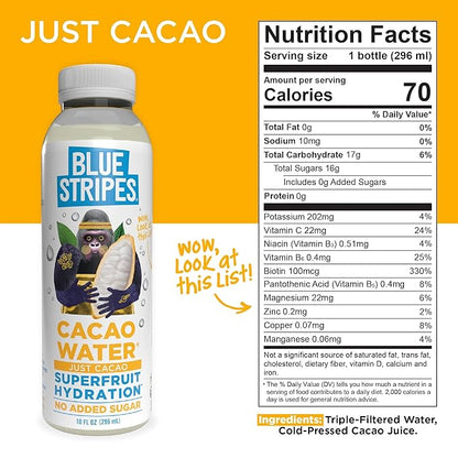 Blue Stripes Cacao Water - Cold Pressed Superfruit Hydration with Electrolytes & Antioxidants, No Sugar Added, All Natural, Great for Protein Shakes & Smoothies - Just Cacao, 12 Pack