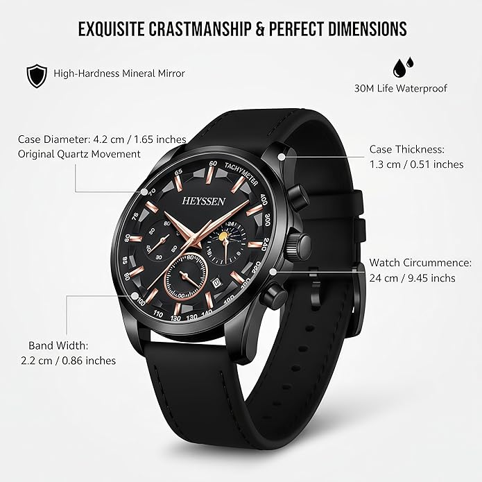 Watches for Men Chronograph Analog Luminous Quartz Watch Blue Black Luxury Genuine Leather Mens Watches Business Sports Waterproof Wristwatch Elegant Gift for Him