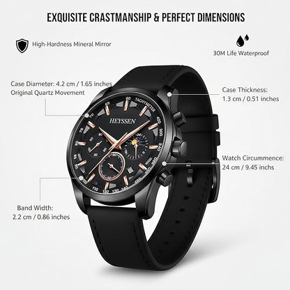 Watches for Men Chronograph Analog Luminous Quartz Watch Blue Black Luxury Genuine Leather Mens Watches Business Sports Waterproof Wristwatch Elegant Gift for Him