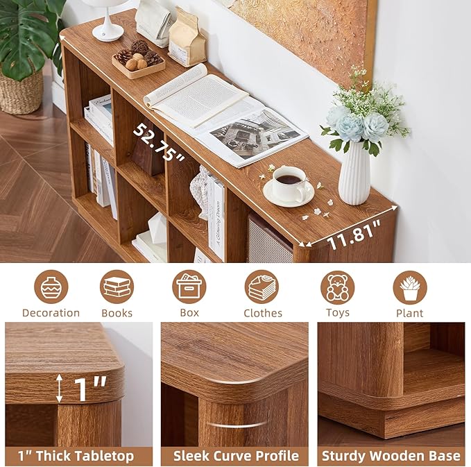 8 Cube Storage Book Shelf, 52" Long Horizontal Bookshelf with Curved Edge, Floor Standing Wooden Cubby Bookcase with Base, Modern Low Console Book Case, TV Stand for Living Room, Orange Oak