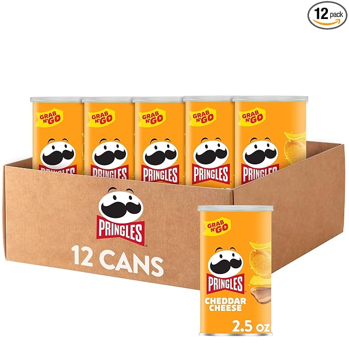 Pringles Potato Crisps Chips, Lunch Snacks, Office and Kids Snacks, Grab N' Go, Cheddar Cheese (12 Cans)