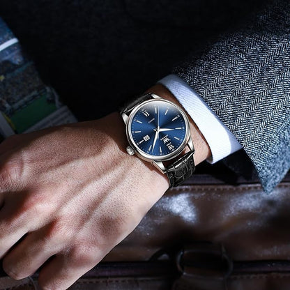 OLEVS Mens Watches, Dress Waterproof Classic Analog Casual Luxury Wrist Watch for Men with Date, Easy to Read Relojes para Hombres Male Quartz Wristwatch with Brown Black Leather Band Blue Black Dial
