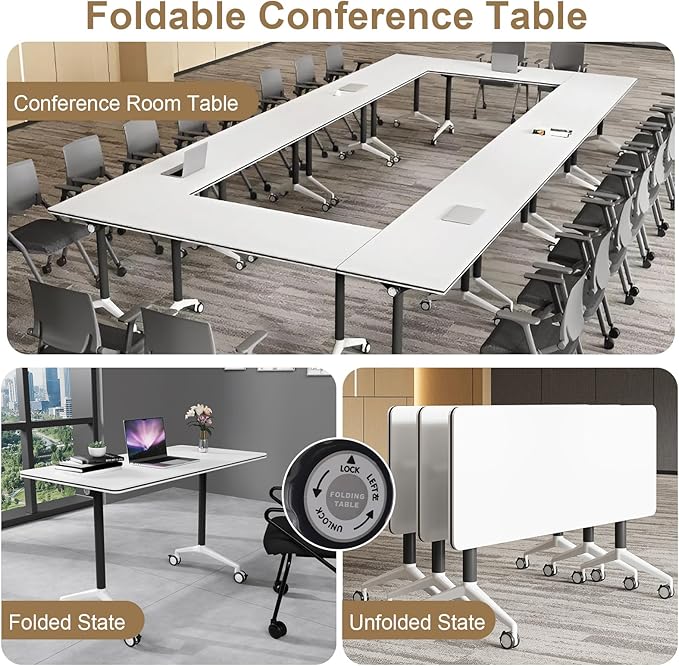 Conference Table, Folding Conference Room Table On Wheels Foldable Office Conference Table Moderen Modular Conference Training Table for Classroom Meeting (White Black 47.2IN 4PCS)