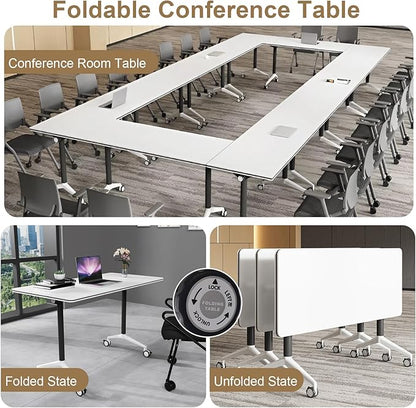 Conference Table, Folding Conference Room Table On Wheels Foldable Office Conference Table Moderen Modular Conference Training Table for Classroom Meeting (White Black 47.2IN 4PCS)