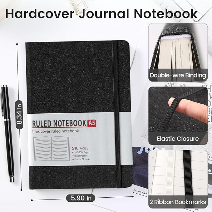 Lined Journal Notebook for Women Men 216 Pages A5 Hardcover Journals for Writing Daily Journaling Notebook for Work, School, Note Taking, Business, Travel Black